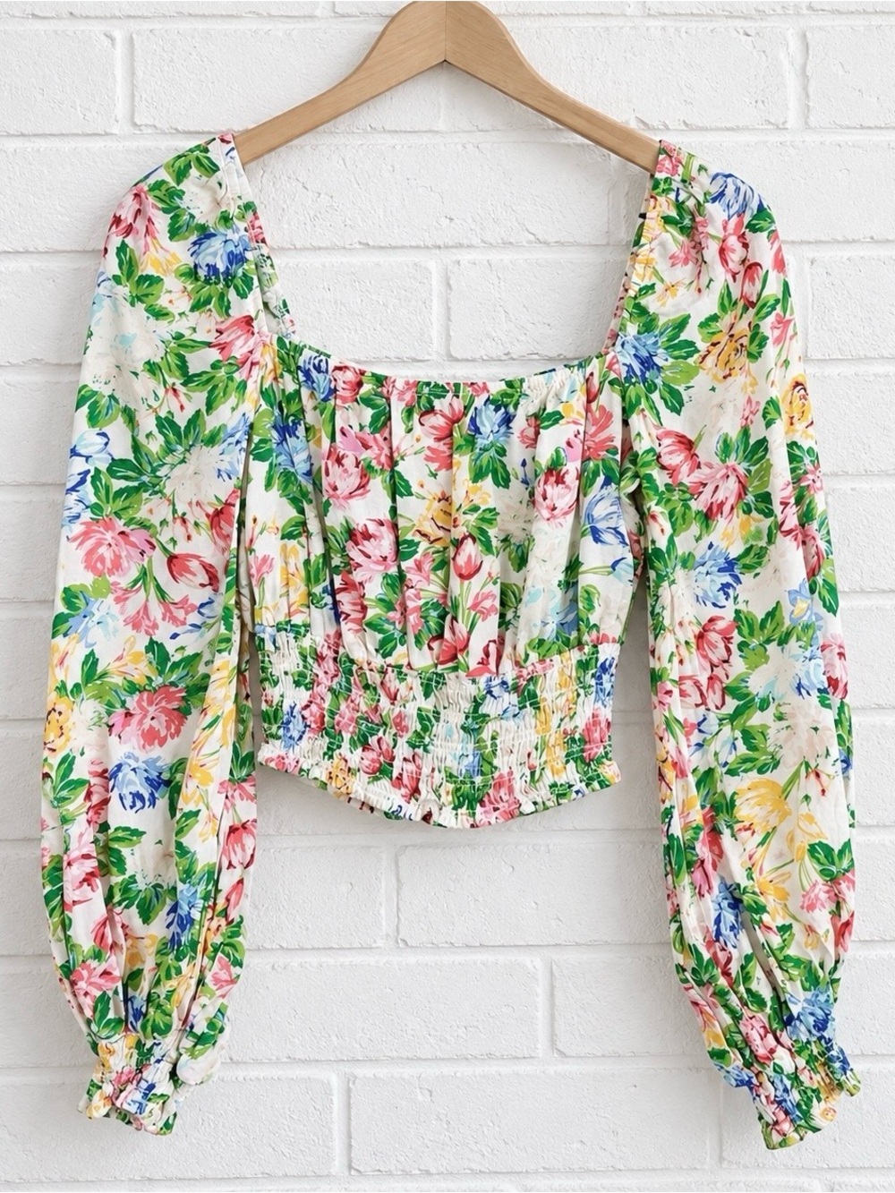 AFRM Floral Smocked Top S Square Neck Puff Sleeve Romantic Boho Whimsical - Picture 2 of 7